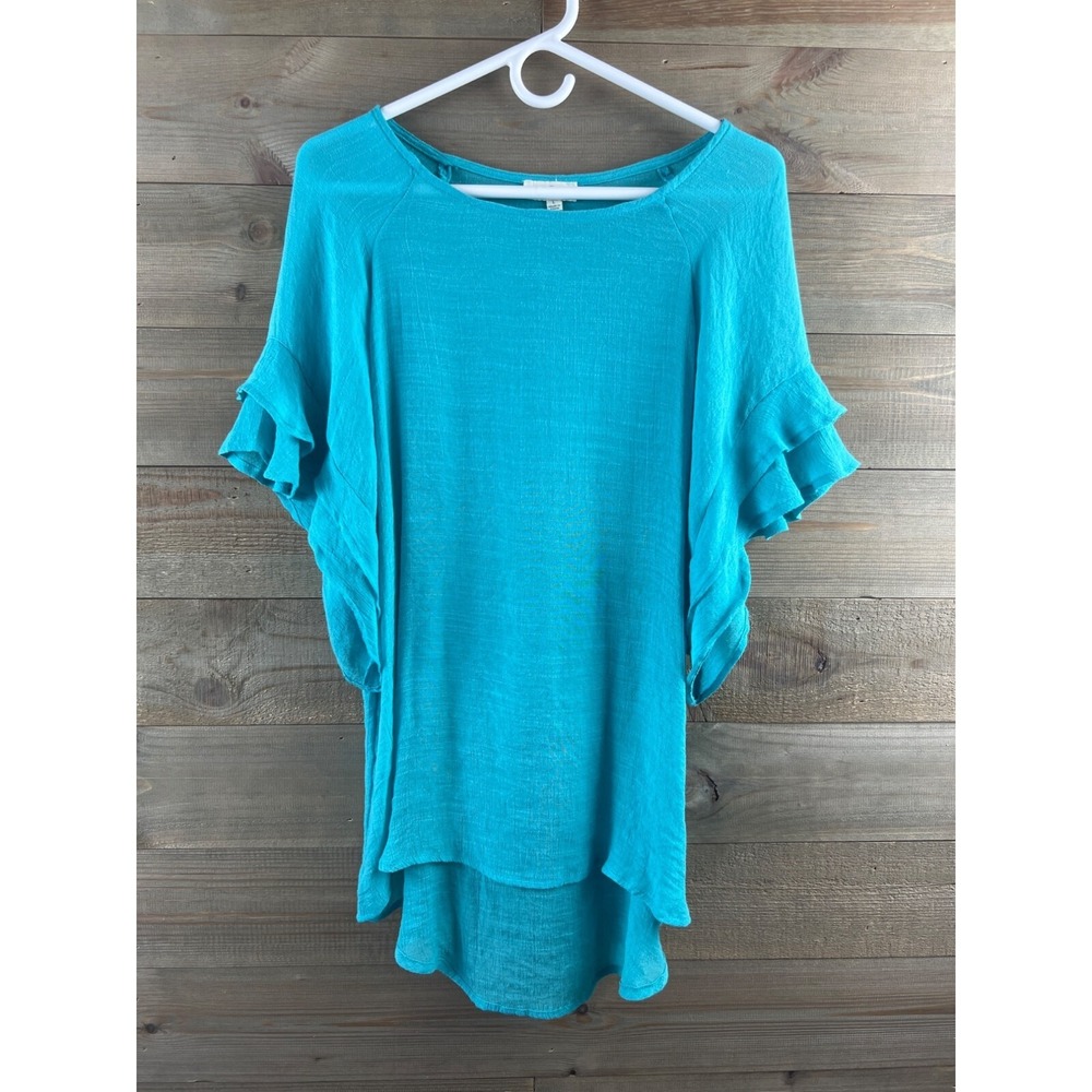 Umgee Womens Shirt Short Ruffle Sleeve Round Neck Semi Sheer Blue Size‎ Large
